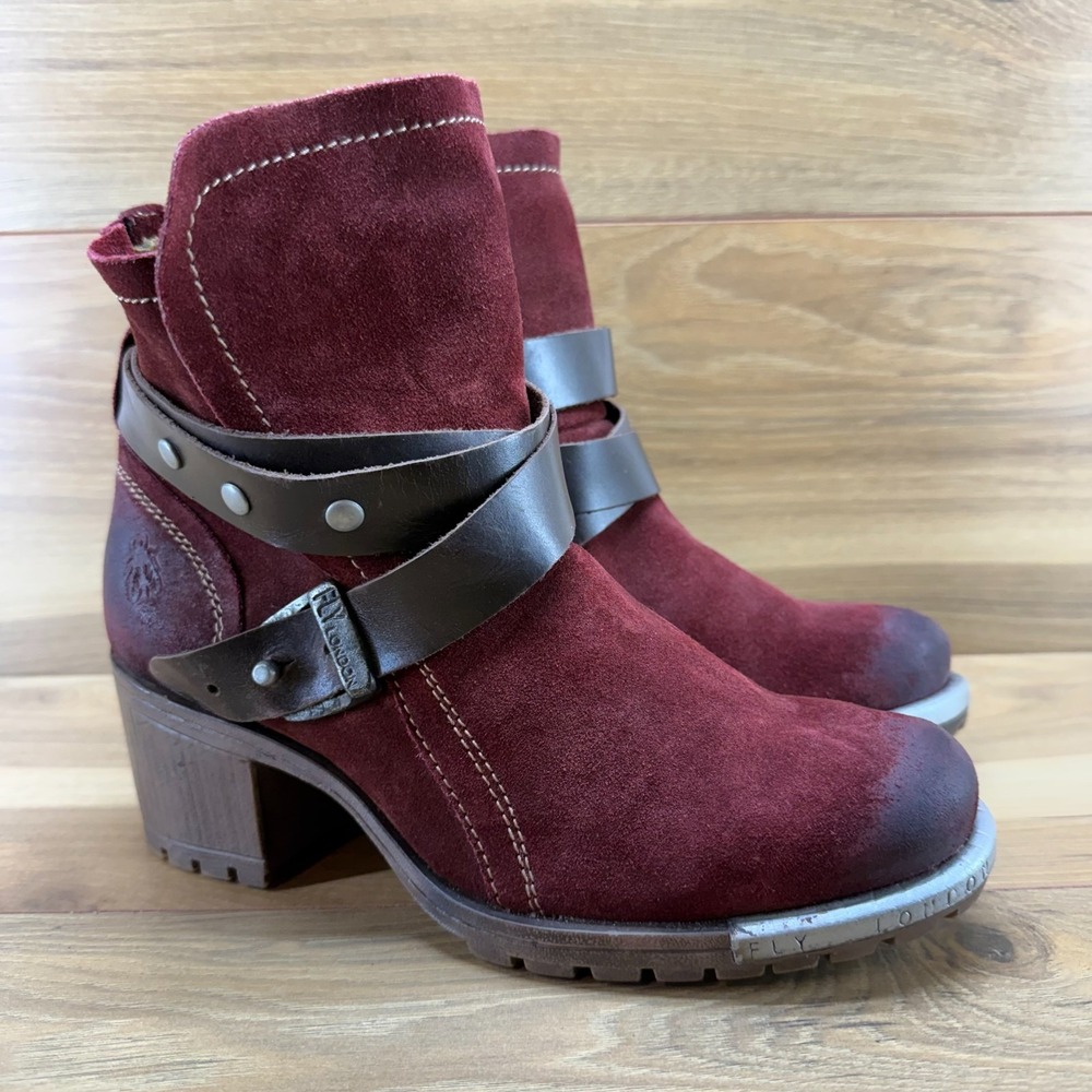 FLY LONDON YOK Chunky Biker Boots 9.5 EU 40 Deep Red Suede Minimalist Modern - Picture 3 of 11